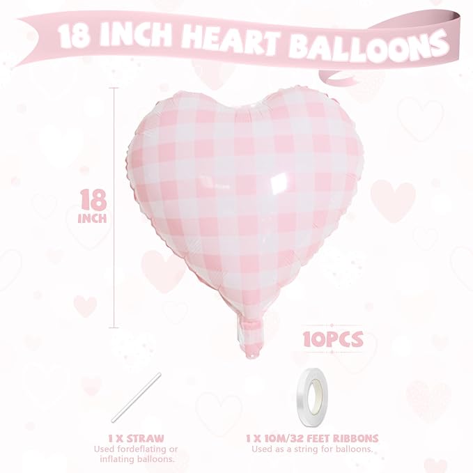 Pink White Checkered Heart Balloons, 18 Inch Lattice Foil Valentines Balloons - Image 2