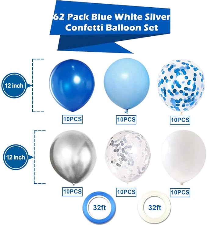 62pcs Blue Silver White Confetti Balloons Kit, 12 Inch White Royal Blue - Image 5