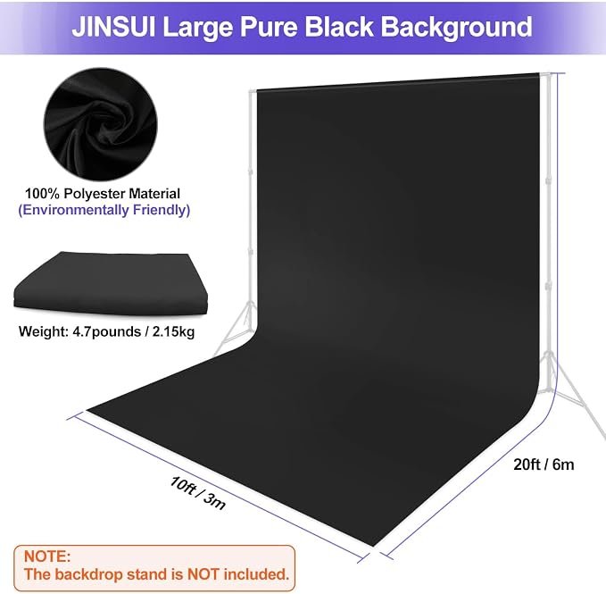 JINSUI Black Backdrop for Photoshoot, Large Background Curtain 10x20 ft | - Image 3