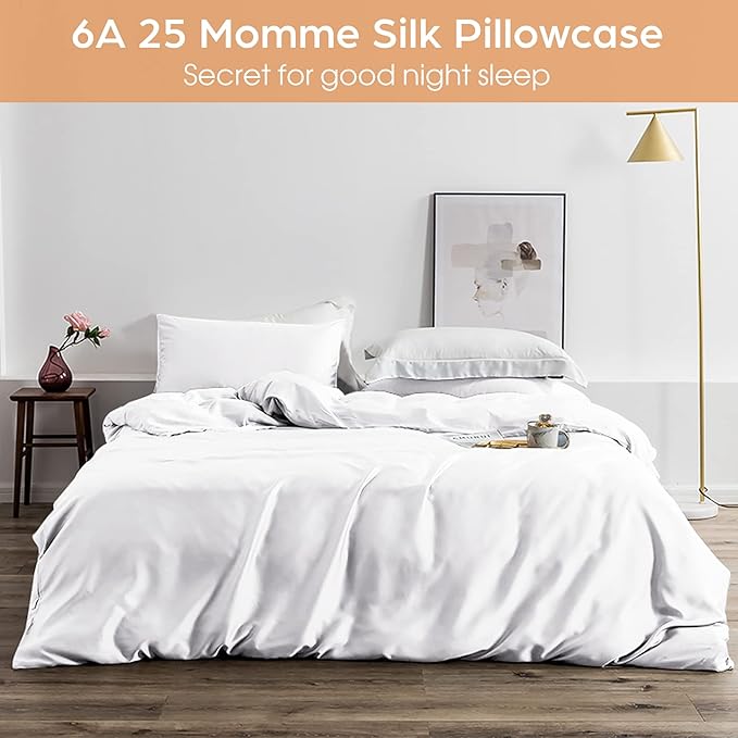 Silk Pillowcase for Hair and Skin, 2 Pack 100% Mulberry Silk Pillowcase 25 Momme, 600 Thread Count, Both Side Pure Silk Pillow Cover with Hidden Zipper (White, King 20''×36'')