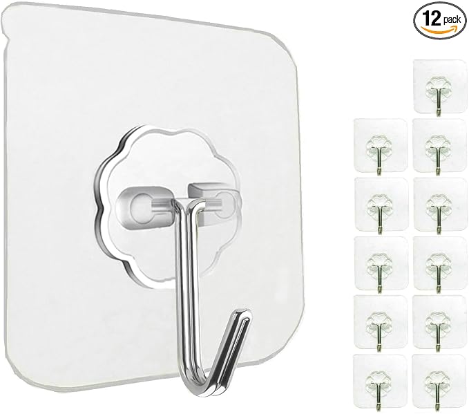 12 Pack Adhesive Wall Hooks 33LB Heavy Duty No Drill Transparent Waterproof by Jwxstore
