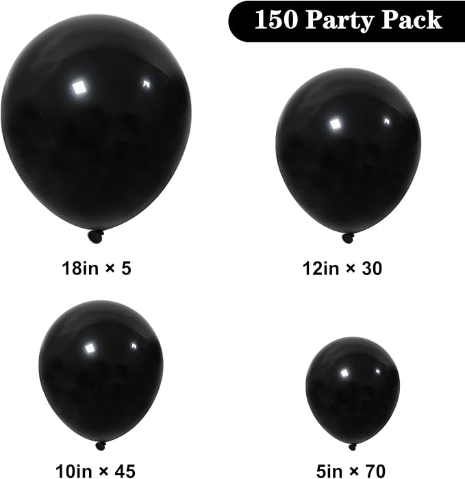 APLANET 150pcs Black Balloons Different Sizes 18 12 10 5 Inch, Latex Balloons - Image 2
