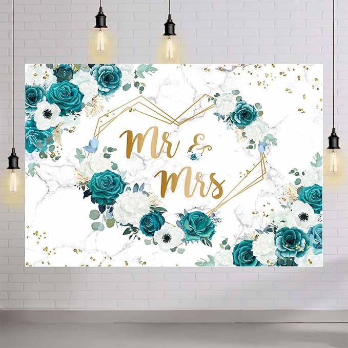 AIBIIN 7x5ft Green Mr and Mrs Floral Backdrop Teal Wedding Photography - Image 4