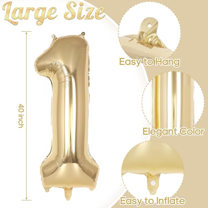 Champagne Gold Large Number 1 Balloon, 40 Inch Light Gold Foil Helium Number - Image 3