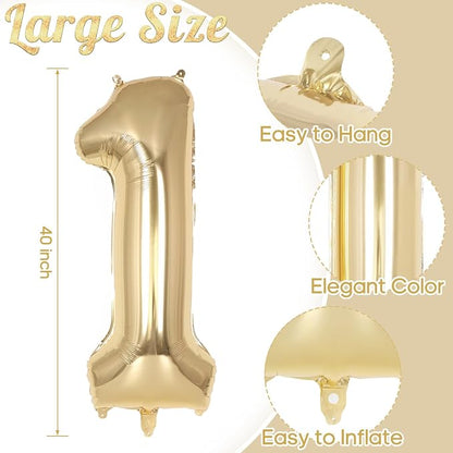 Champagne Gold Large Number 1 Balloon, 40 Inch Light Gold Foil Helium Number - Image 3