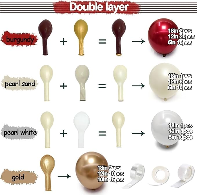Burgundy Gold Balloons Garland Double Stuffed Pearl White Gold Maroon Wine Red - Image 3