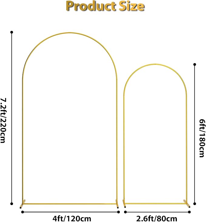 Gold Metal Wedding Arch Backdrop Stand Set of 2, 7.2FT & 6FT Arched Frame - Image 3