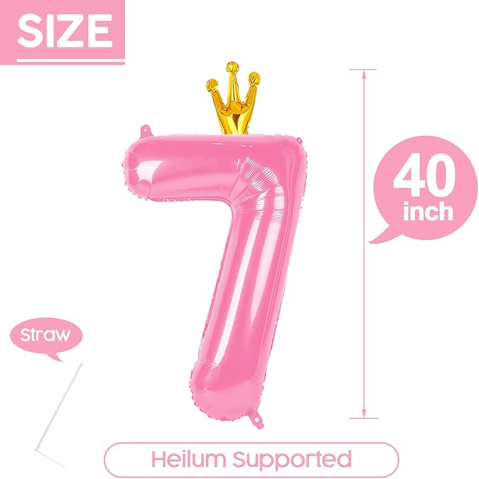 7 Balloon - Pink with Crown Birthday Number Balloons, 40 Inch Decorations | - Image 5