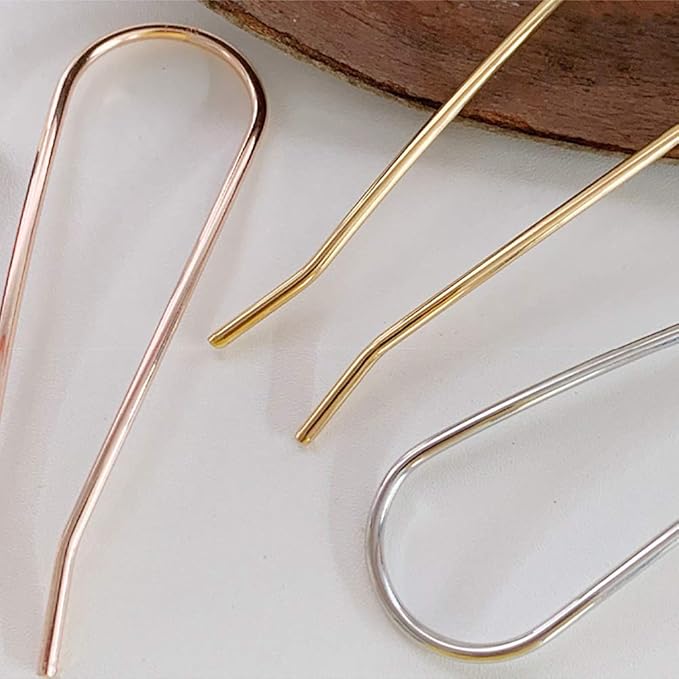 Metal Hair Fork 4.6 inch Simple U Shape Updo Hair Sticks Alloy Gold-plated 2 Prong Bun Hair Pins Clips Grips for Women Thick Hair Styling Tool Accessories, 3 Pack