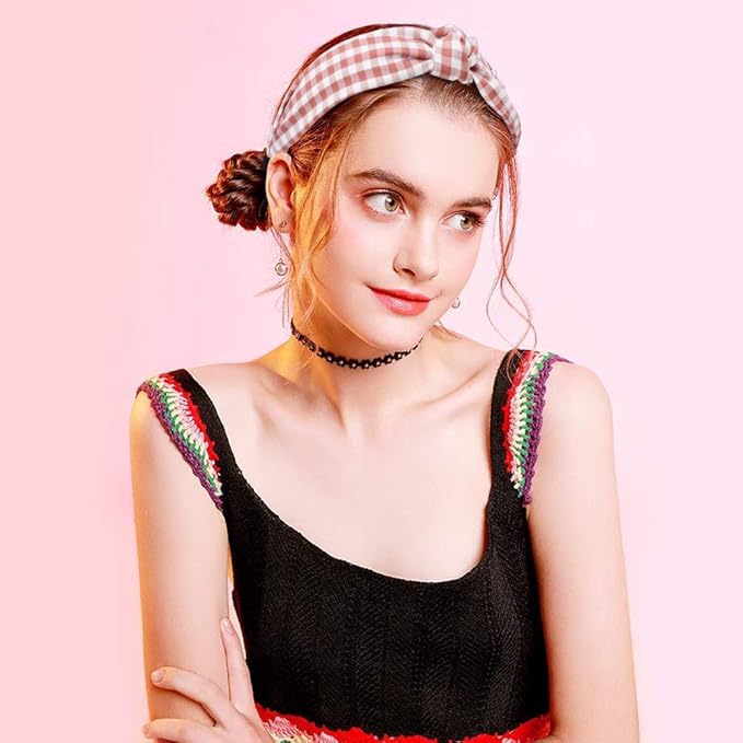 VELSCRUN 5 Pcs Knotted Vintage Women's Wide Buffalo Plaid Hair Knot Headbands in 5 Colors