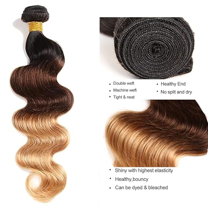 Ombre Blonde Bundles Human Hair T1B4/27 Body Wave Bundles 14 16 18 Inch Niegmeag Brazilian Virgin Remy Hair Extensions Double Weft 3 Tone Honey Blonde and Brown Bundle Hair Weave