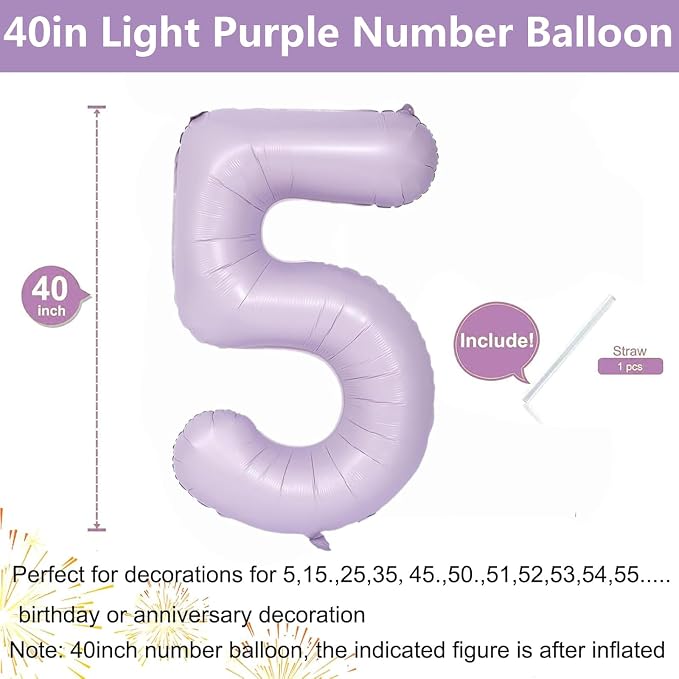 40 Inch Purple Number Balloons Light Purple 5 Balloon Matte Purple Birthday - Image 2