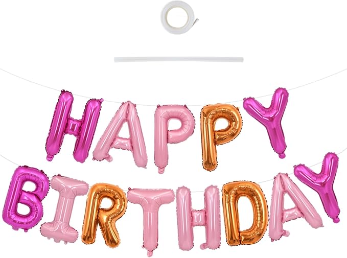 TONIFUL Pink Orange Happy Birthday Balloons Banner Decor by TONIFUL