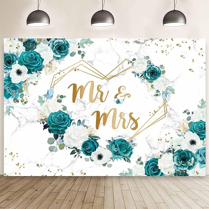AIBIIN 7x5ft Green Mr and Mrs Floral Backdrop Teal Wedding Photography by AIBIIN