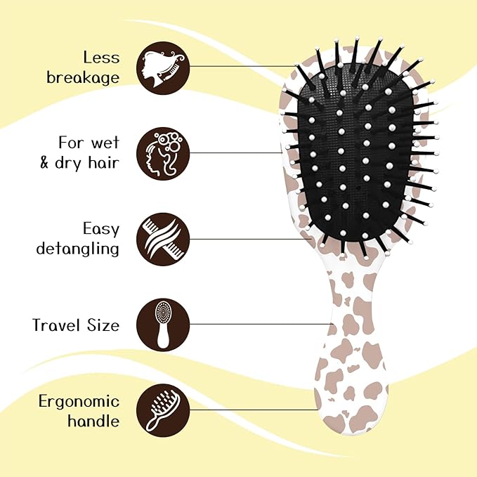 Mini Hair Brush,Cute Detangling Travel Hair Brush,Soft Bristles for Effortless Tangle Removal,Detangler Hairbrush for Women Men Boys Girls Kids Wet Dry All Hair Types (Brown Cow, Mini)