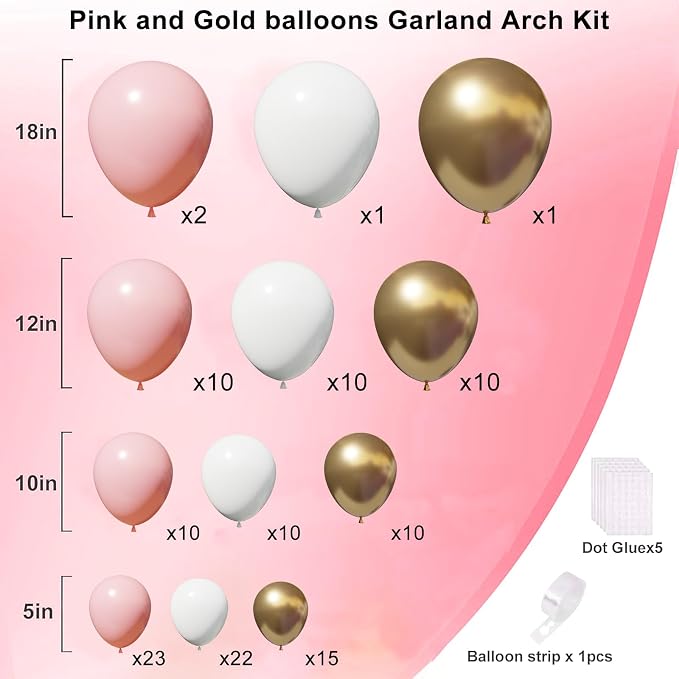 Pink and White Gold Balloons Arch Kit, 18 12 10 5 inch, Baby Shower, Engagement - Image 2