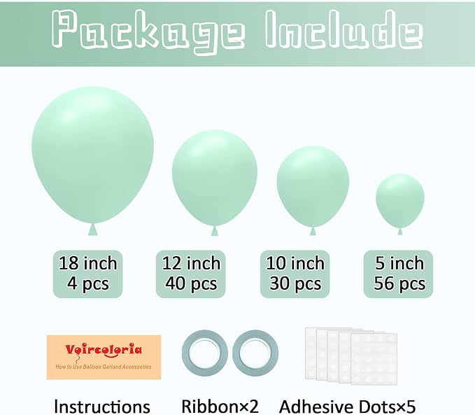 Voircoloria 130pcs Mint Green Balloons Garland Arch Kit, 18 12 10 5 Inch | - Image 2