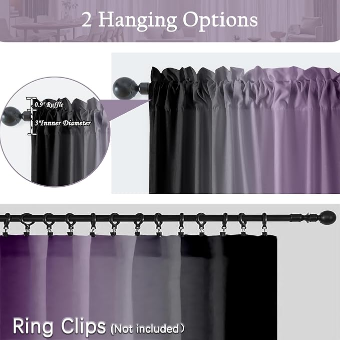 Purple and Black Curtains for Living Room 63 Inch Length Ombre Curtains 2 Panel - Image 4