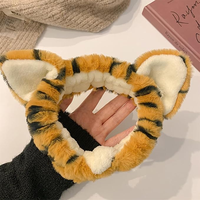 2pcs Tiger Plush Hairbands for Women Wide Elastic Fuzzy Head Wraps with Cute Ears Soft Spa Headbands for Face Washing Makeup Skincare Shower and Mask Application White Yellow