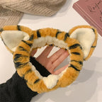 2pcs Tiger Plush Hairbands for Women Wide Elastic Fuzzy Head Wraps with Cute Ears Soft Spa Headbands for Face Washing Makeup Skincare Shower and Mask Application White Yellow