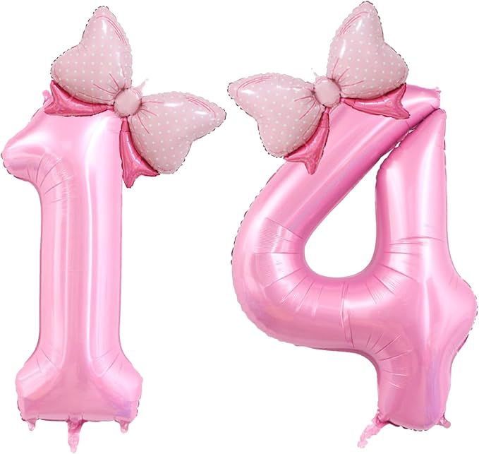 40 inch Number 14 Balloon with Bow Pink Happy Birthday Jumbo Number Balloons by OIBUTUR