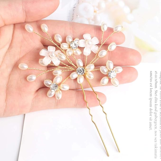 Elegant Pearl Wedding Hair Pins, Bendable Floral Crystal Hair Accessories for Bridal Women, Pack of 3 (Gold)
