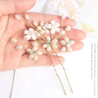 Elegant Pearl Wedding Hair Pins, Bendable Floral Crystal Hair Accessories for Bridal Women, Pack of 3 (Gold)