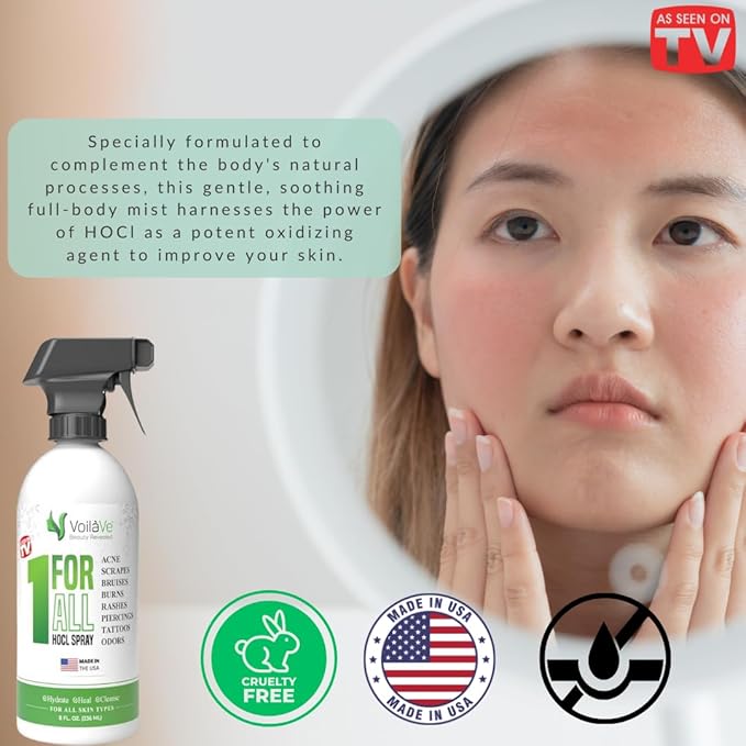 VoilaVe Pure Hypochlorous Acid Spray, All-in-One Skin Spray for Every Skin Type | HOCL Spray | Supports Acne, Scraps, Bruises, Rashes, Piercings, Tattoos, and Odors | Multi-Purpose Cleaner Spray 8 Oz