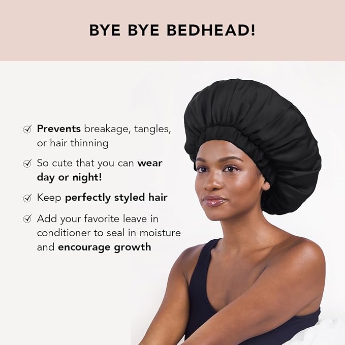 Kitsch XL Satin Bonnet for Sleeping - Softer Than Silk Hair Bonnet For Women - Secure Fit, Adjustable Night Cap For Curly & Textured Hair - Prevents Breakage, Tangles & Thinning - Black