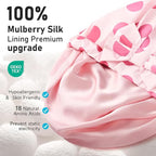 LitBear Luxury Silk Lined Shower Caps for Women Reusable Waterproof, Double Layered Large Bathing Hair Cap with Adjustable Elastic Strap, Non-slip, Quick-dry, for Long Short Hair, Pink Dots