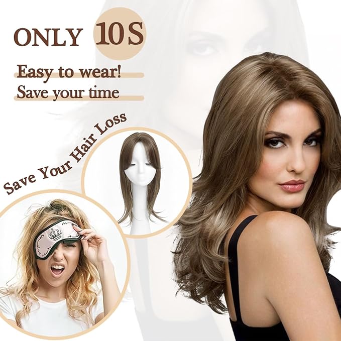 UDU Hair Toppers for Women with Thinning Hair - Synthetic Fiber Highlights, Ash Brown, Multi-layer Long Straight & Wavy Clip in Wiglets with Fringe Bangs