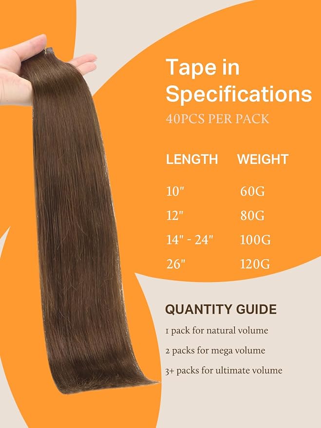 DOORES Tape in Human Hair Extensions, 16 Inch 100g 40pcs Chocolate Brown, Real Hair Extensions Tape in Human Hair Extensions Seamless Skin Weft Seamless