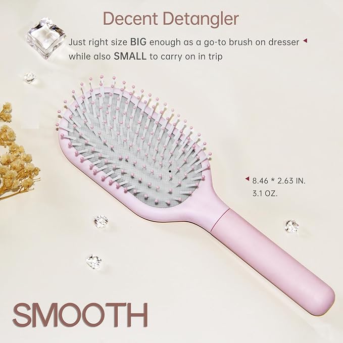 Hair Brush for Women, Detangler Brush Full Sized, Detangling Paddle Pain-free on All Hair Textures, Pink and Light Grey Cushion Base,1 Pack