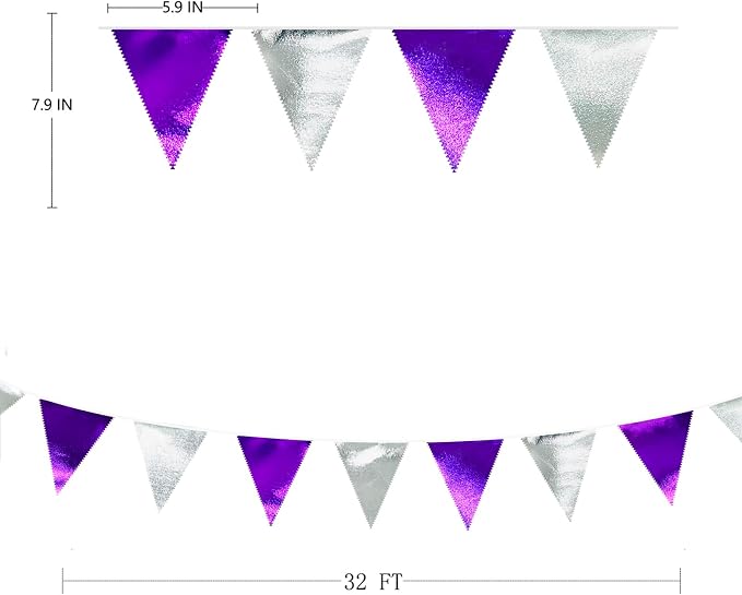 Purple and Silver Party Decorations Triangle Pennant Banner Flag Metallic - Image 2