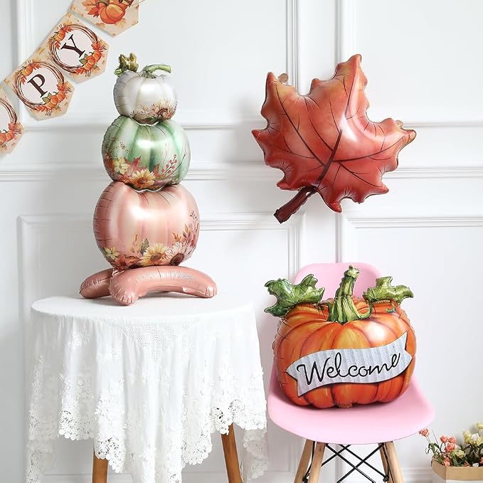 Fall Thanksgiving Balloon 4 Pieces Orange Maple Pumpkin Foil Balloons | - Image 3