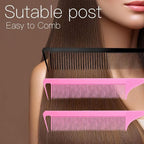 3-in-1 Rat Tail & Stainless Steel Pintail Comb Set - Carbon Fiber Teasing Comb for Braids, Barber Styling & Salon Use - Fine Teeth, Pink & Black