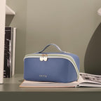 Prite Makeup Bag for Women Travel Waterproof Vegan Leather Cosmetic Bag Open Flat Toiletry Bag With Clear Divider and Handle (Blue)