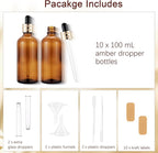 10 Pack 100ml Amber Glass Dropper Bottles with Droppers, Funnels & Labels for Essential Oils, 3.38oz Eye Dropper Bottles with Golden Caps, Brown Empty Glass Tincture Vials for Travel