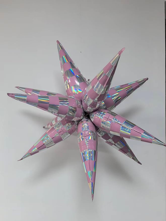 Light Pink Balloons Iridescent Gingham Checkered Explosion Star Balloons Girls - Image 6