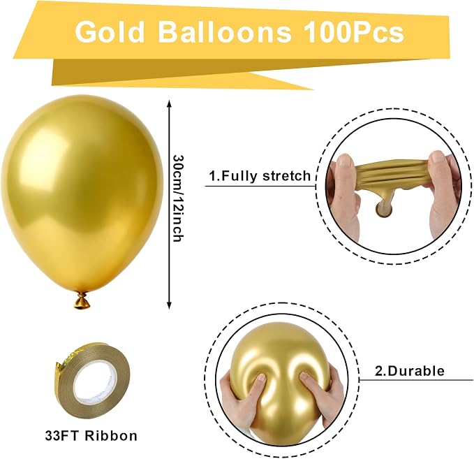 Patimate Gold Metallic Chrome Latex Balloons 100 Pack 12 Inch Gold Balloons | - Image 6
