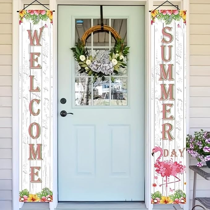 BlissYard 2pcs Welcome Summer Door Banner Hawaiian Flamingo Porch Banners Sign - Image 3