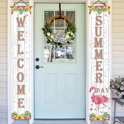 BlissYard 2pcs Welcome Summer Door Banner Hawaiian Flamingo Porch Banners Sign - Image 3