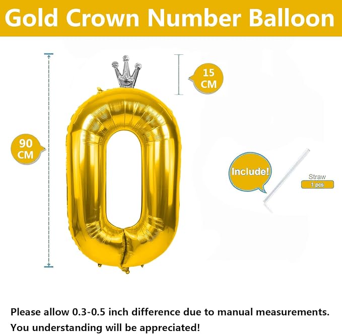 Gold Number 0 Balloon with Crown, 40 inch Gold Number Balloon 0th Birthday - Image 2