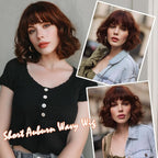 Short Auburn Wigs for Women Dark Ginger Wig with Bangs Wigs Natural Looking Curly Hair Medium Length Synthetic Bob Wig Wavy Colorful Wigs（14 Inches）
