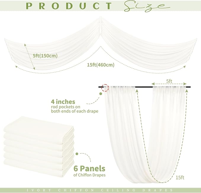 6 Panels Ivory Ceiling Drapes for Wedding Ceiling Drapes 5ftx15ft Wedding Arch - Image 2