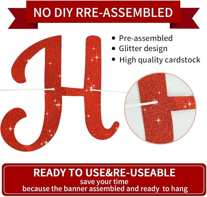 BEISHIDA Glitter Red Happy Birthday Banner Party Decoration NO DIY, 10Feet | - Image 2
