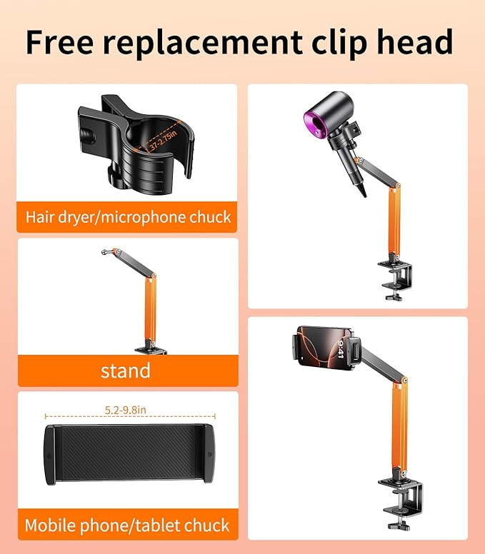 Desktop Hair Dryer Stand with Free Phone/Tablet Clip, Hair Dryer Stand Hands Free,Metal Material. Adjustable Hair Dryer Hanger for Vanity, Countertop, Bedside,Practical Gift for Elderly