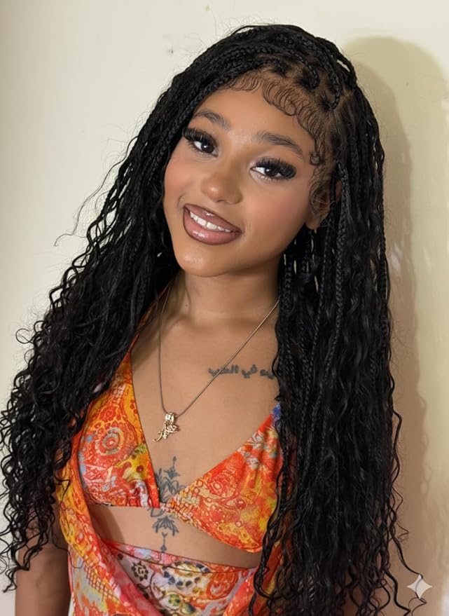 Human Hair Boho Curls Hand-Tied HD Full Lace Wig - 24" Salon-Level Small Box Synthetic Braids (100 Braids, High Density) Pre-Cut Swiss HD Lace, Pre-Plucked, Knotless, Tangle-Free - Black 1B