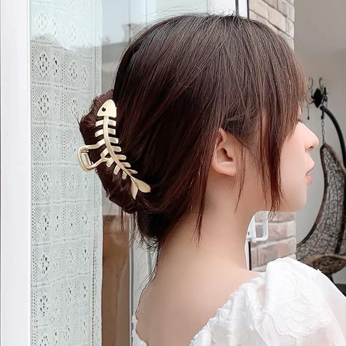 Hair Jaw Claw Clips Fish Bone Shape Large Metal Gold Fashion Nonslip Hairpin Catch Clip Accessories for Thick/Thin Hair HairStyling (Gold)