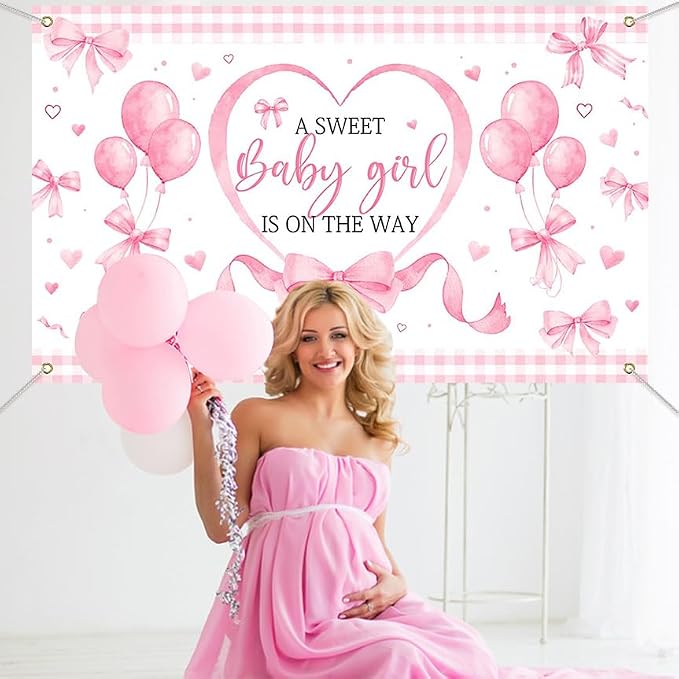 Mocsicka Pink Bow Baby Shower Banner Backdrop - Image 3